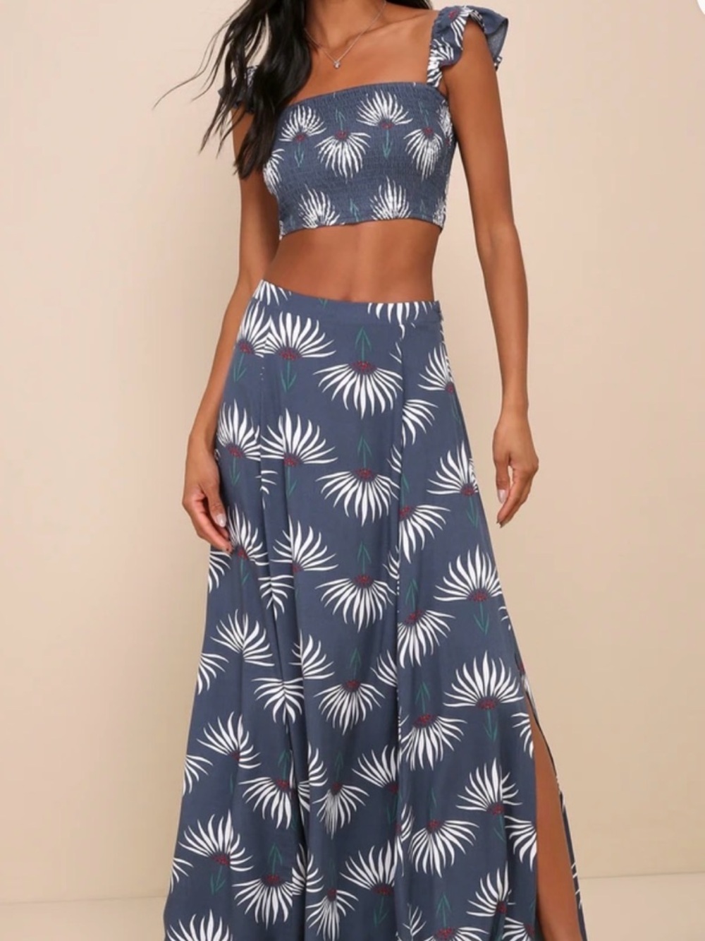 Lulus Trancoso Blue Floral Two Piece Maxi Dress – Crop Top Set Beach Vacation